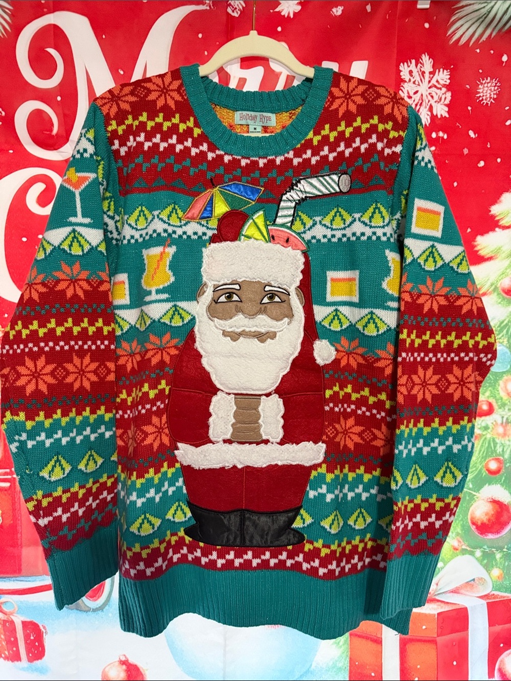 Holiday Time Men's Teal, Red & White Santa Novelty Crewneck Sweater